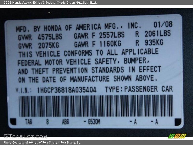 Mystic Green Metallic / Black 2008 Honda Accord EX-L V6 Sedan