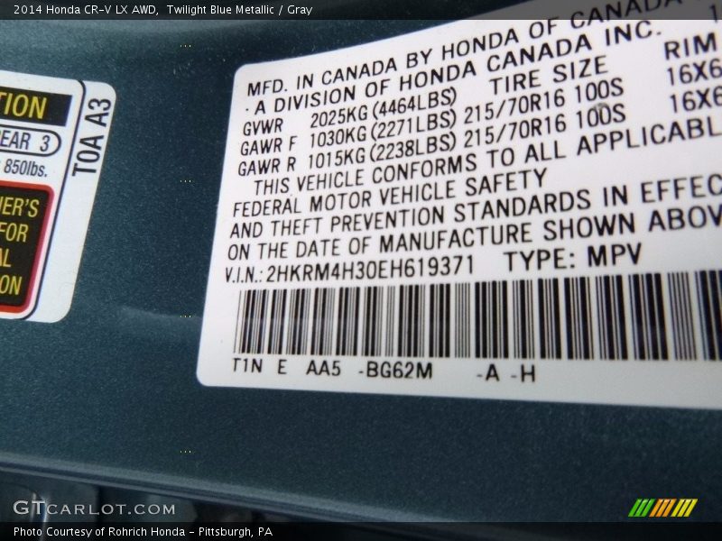 Twilight Blue Metallic / Gray 2014 Honda CR-V LX AWD