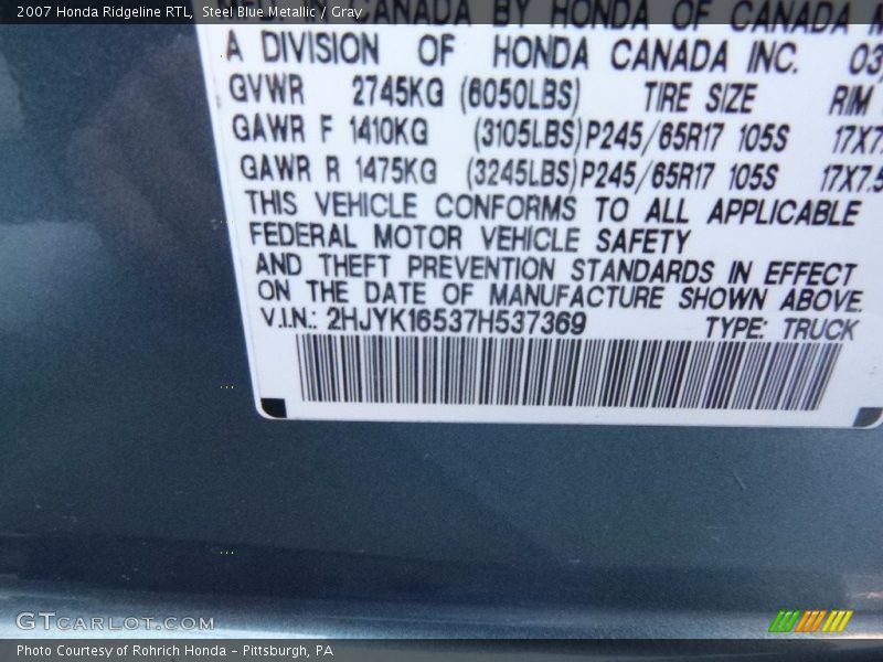 Steel Blue Metallic / Gray 2007 Honda Ridgeline RTL