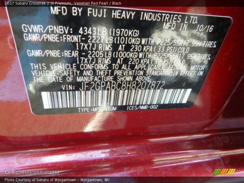 Venetian Red Pearl / Black 2017 Subaru Crosstrek 2.0i Premium