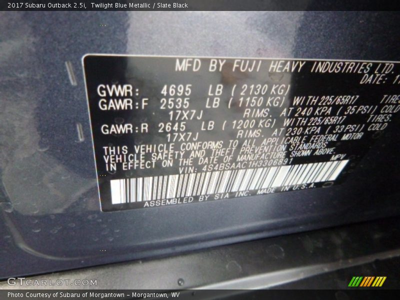 Twilight Blue Metallic / Slate Black 2017 Subaru Outback 2.5i