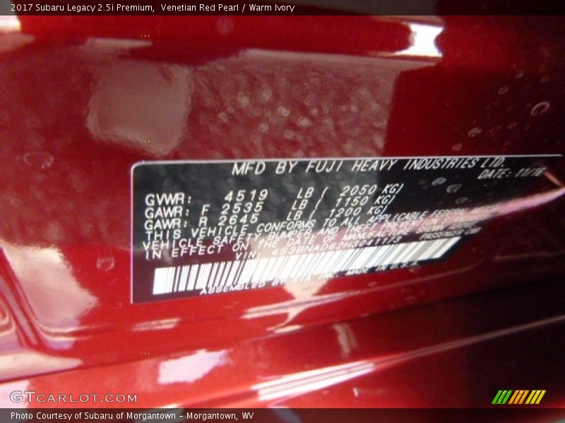 Venetian Red Pearl / Warm Ivory 2017 Subaru Legacy 2.5i Premium
