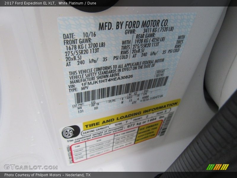 2017 Expedition EL XLT White Platinum Color Code UG