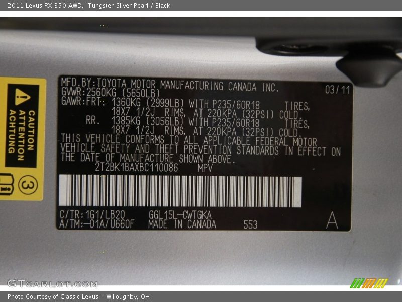 Tungsten Silver Pearl / Black 2011 Lexus RX 350 AWD