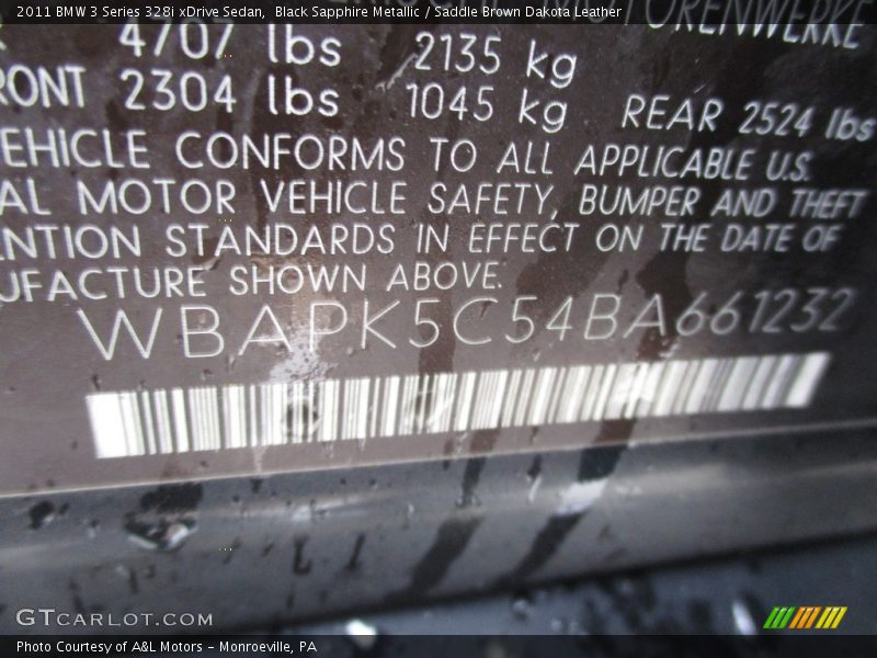Black Sapphire Metallic / Saddle Brown Dakota Leather 2011 BMW 3 Series 328i xDrive Sedan
