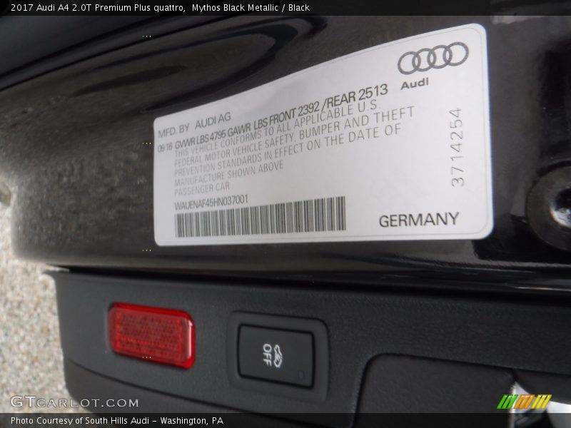 Mythos Black Metallic / Black 2017 Audi A4 2.0T Premium Plus quattro