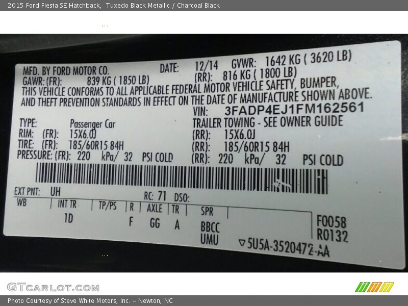 Tuxedo Black Metallic / Charcoal Black 2015 Ford Fiesta SE Hatchback