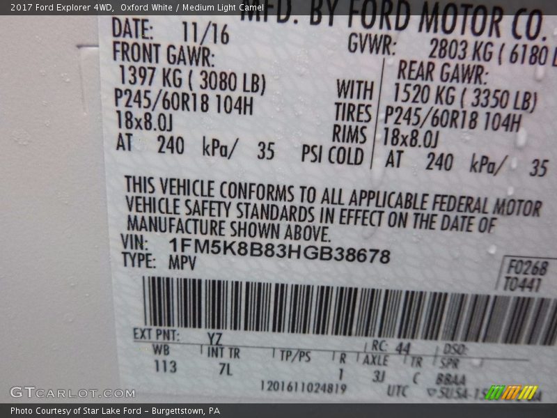Oxford White / Medium Light Camel 2017 Ford Explorer 4WD