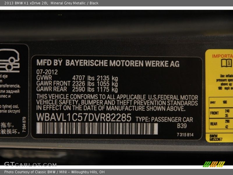 Mineral Grey Metallic / Black 2013 BMW X1 xDrive 28i