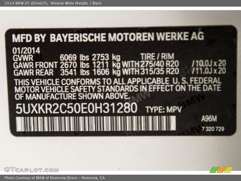 Mineral White Metallic / Black 2014 BMW X5 sDrive35i