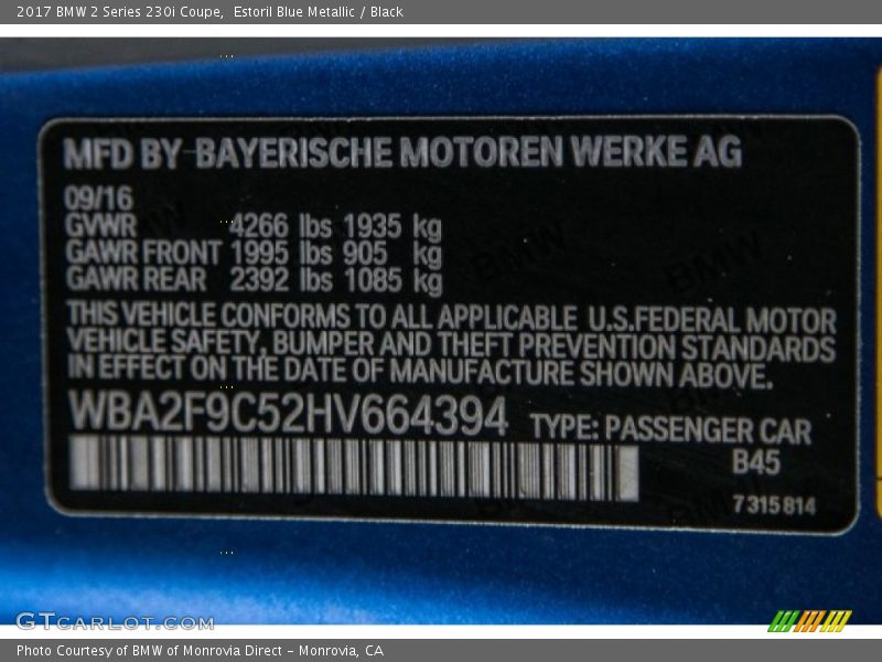 2017 2 Series 230i Coupe Estoril Blue Metallic Color Code B45