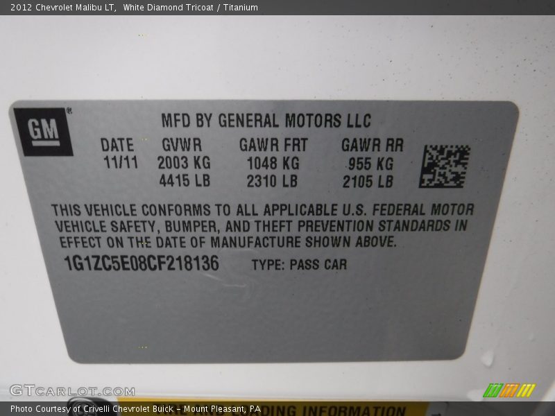 White Diamond Tricoat / Titanium 2012 Chevrolet Malibu LT