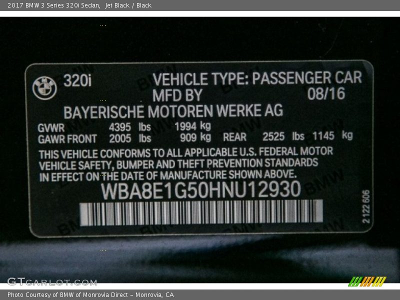 Jet Black / Black 2017 BMW 3 Series 320i Sedan