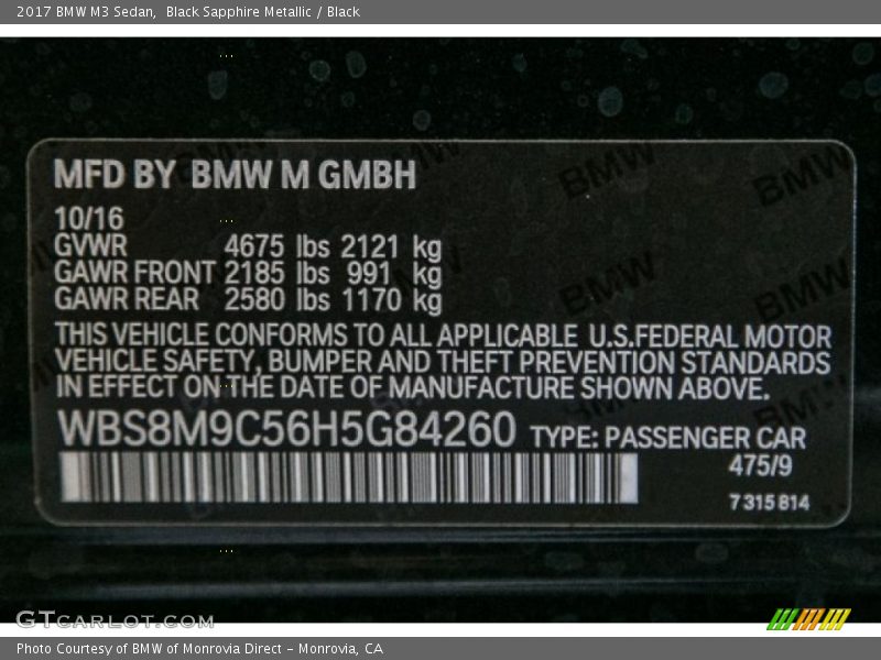 Black Sapphire Metallic / Black 2017 BMW M3 Sedan