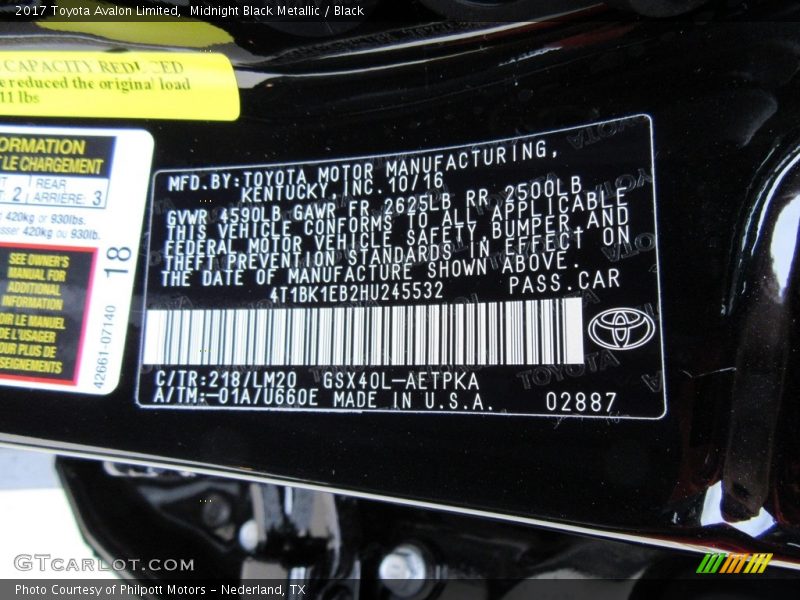 2017 Avalon Limited Midnight Black Metallic Color Code 218