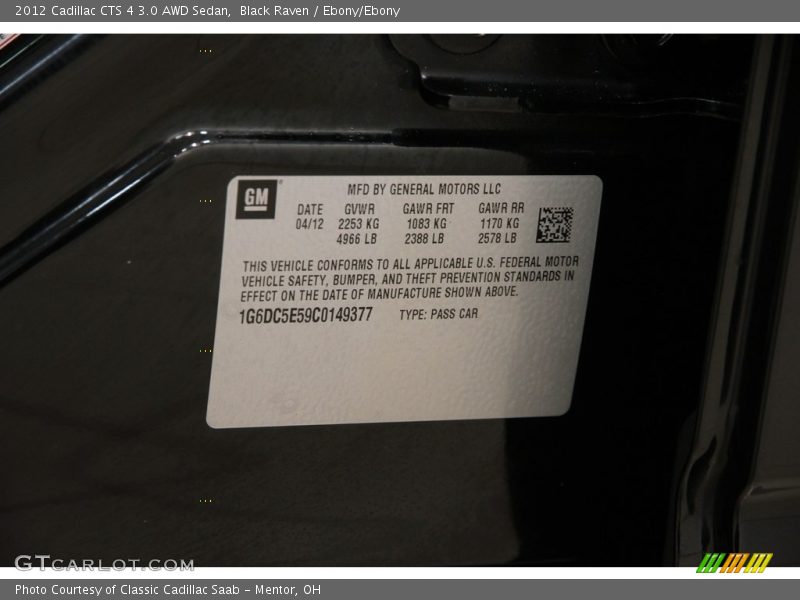 Black Raven / Ebony/Ebony 2012 Cadillac CTS 4 3.0 AWD Sedan