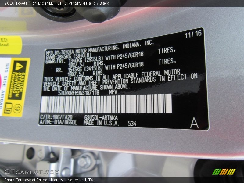 2016 Highlander LE Plus Silver Sky Metallic Color Code 1D6