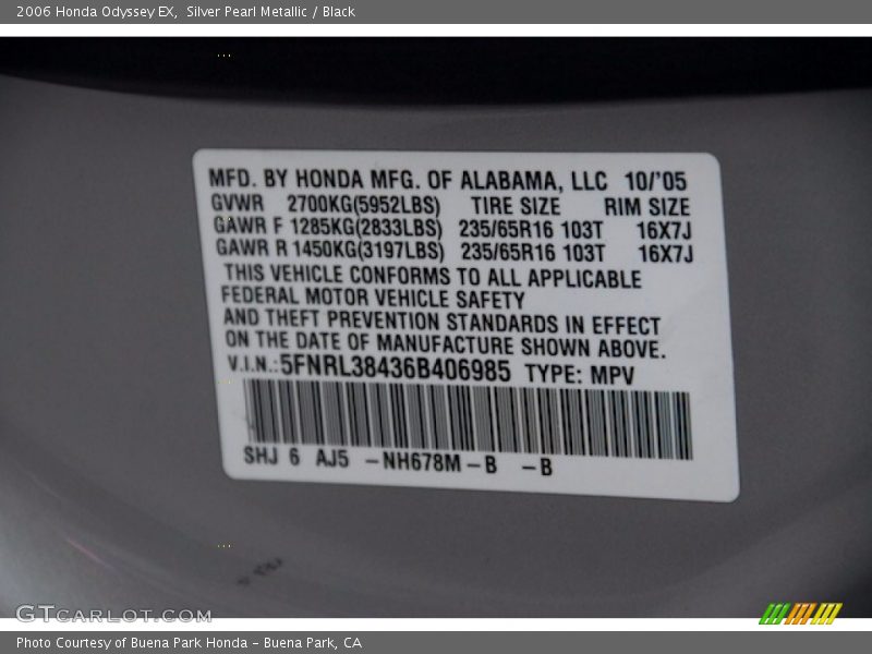 Silver Pearl Metallic / Black 2006 Honda Odyssey EX