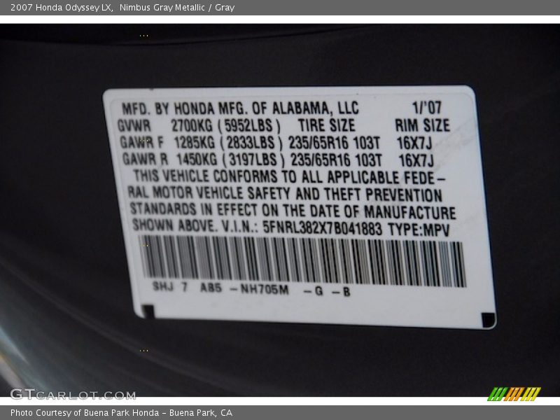 Nimbus Gray Metallic / Gray 2007 Honda Odyssey LX