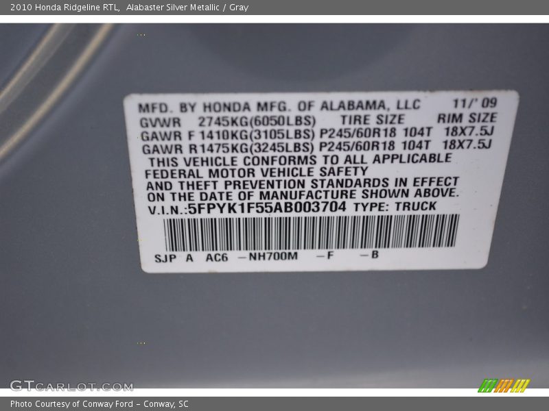 Alabaster Silver Metallic / Gray 2010 Honda Ridgeline RTL