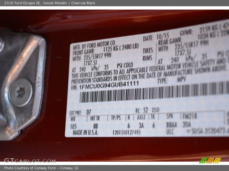Sunset Metallic / Charcoal Black 2016 Ford Escape SE