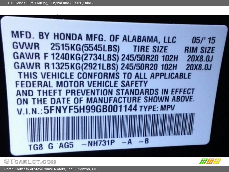 Crystal Black Pearl / Black 2016 Honda Pilot Touring