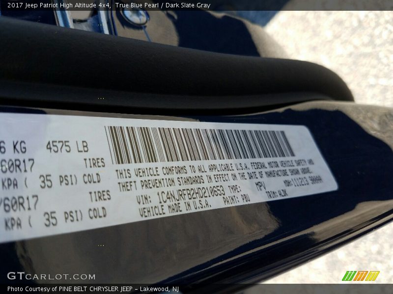 True Blue Pearl / Dark Slate Gray 2017 Jeep Patriot High Altitude 4x4