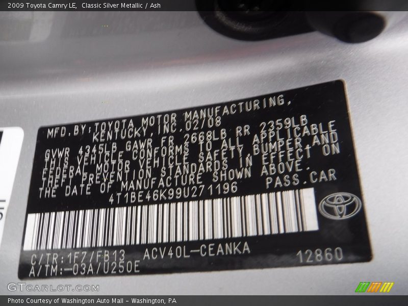 Classic Silver Metallic / Ash 2009 Toyota Camry LE