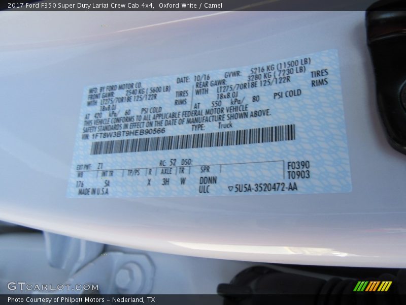 2017 F350 Super Duty Lariat Crew Cab 4x4 Oxford White Color Code Z1