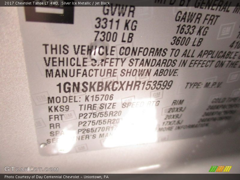 Silver Ice Metallic / Jet Black 2017 Chevrolet Tahoe LT 4WD