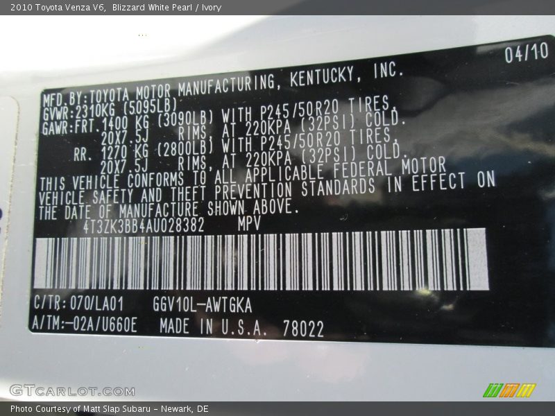 Blizzard White Pearl / Ivory 2010 Toyota Venza V6