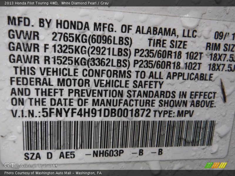 White Diamond Pearl / Gray 2013 Honda Pilot Touring 4WD