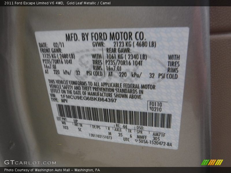 Gold Leaf Metallic / Camel 2011 Ford Escape Limited V6 4WD