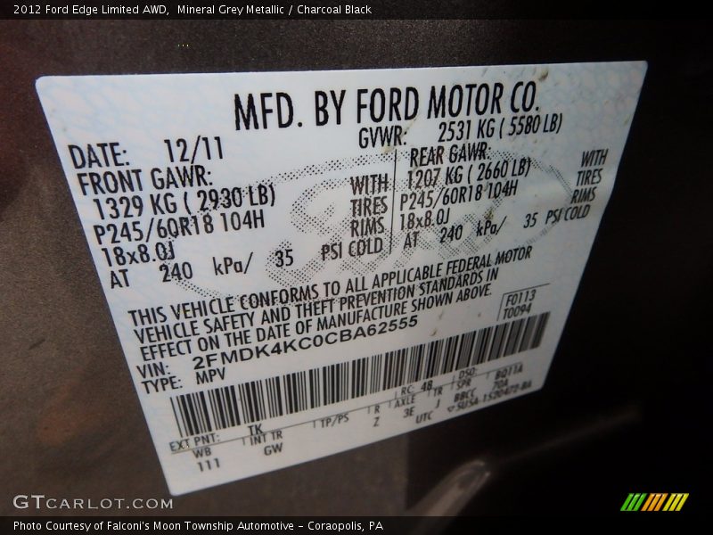 Mineral Grey Metallic / Charcoal Black 2012 Ford Edge Limited AWD