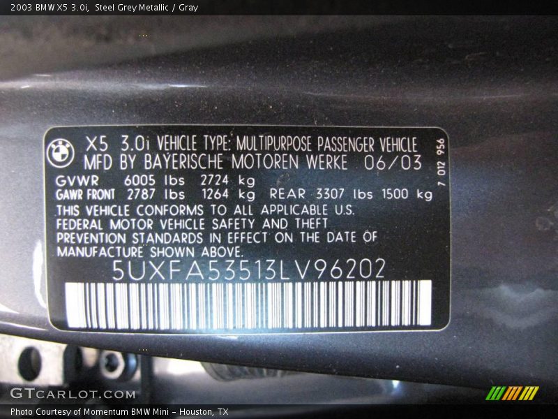 Steel Grey Metallic / Gray 2003 BMW X5 3.0i