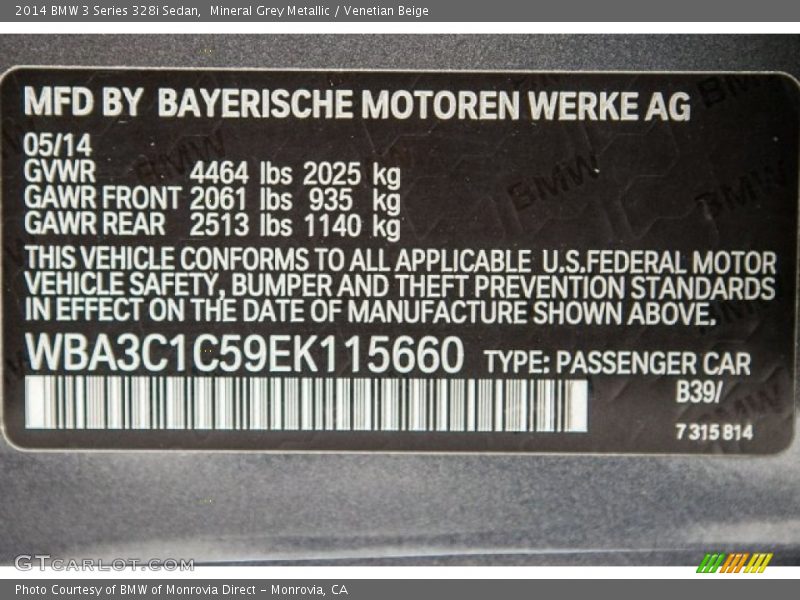 Mineral Grey Metallic / Venetian Beige 2014 BMW 3 Series 328i Sedan
