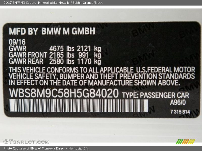 Mineral White Metallic / Sakhir Orange/Black 2017 BMW M3 Sedan