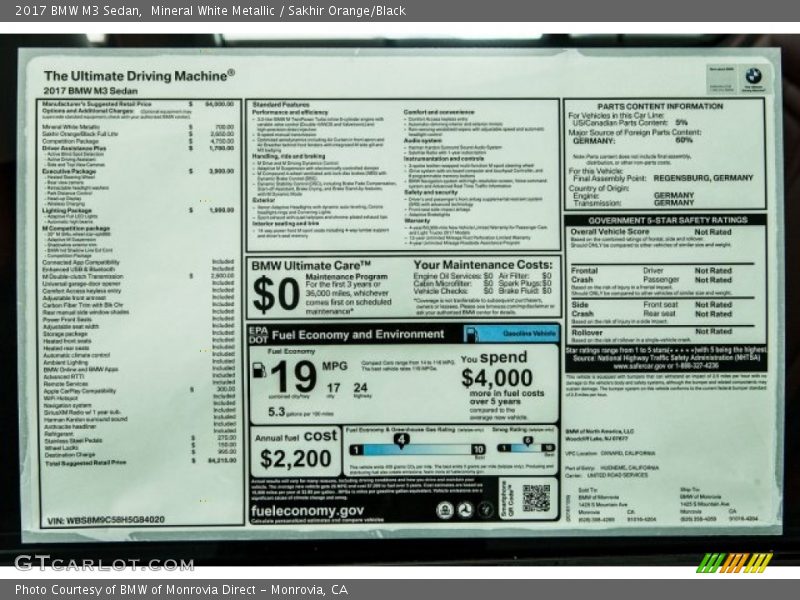 Mineral White Metallic / Sakhir Orange/Black 2017 BMW M3 Sedan