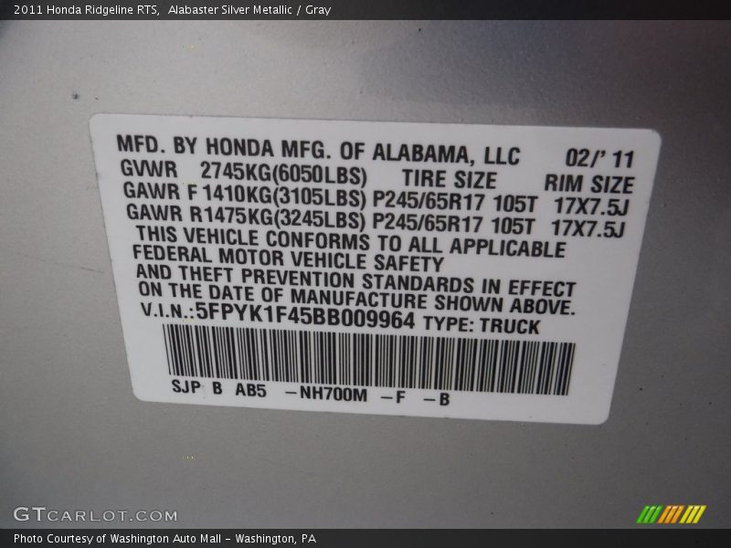 Alabaster Silver Metallic / Gray 2011 Honda Ridgeline RTS