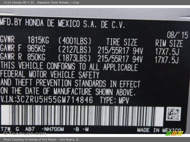 Alabaster Silver Metallic / Gray 2016 Honda HR-V EX