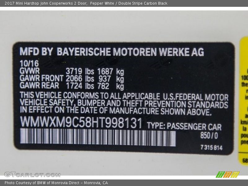 2017 Hardtop John Cooperworks 2 Door Pepper White Color Code 850