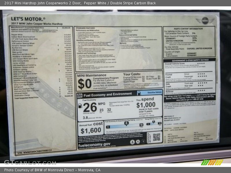  2017 Hardtop John Cooperworks 2 Door Window Sticker