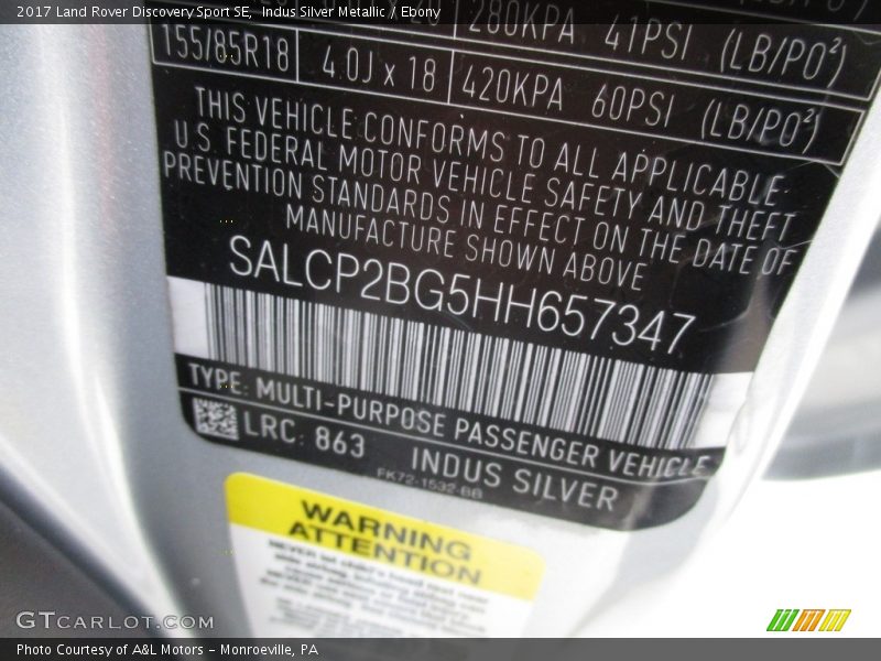2017 Discovery Sport SE Indus Silver Metallic Color Code 863