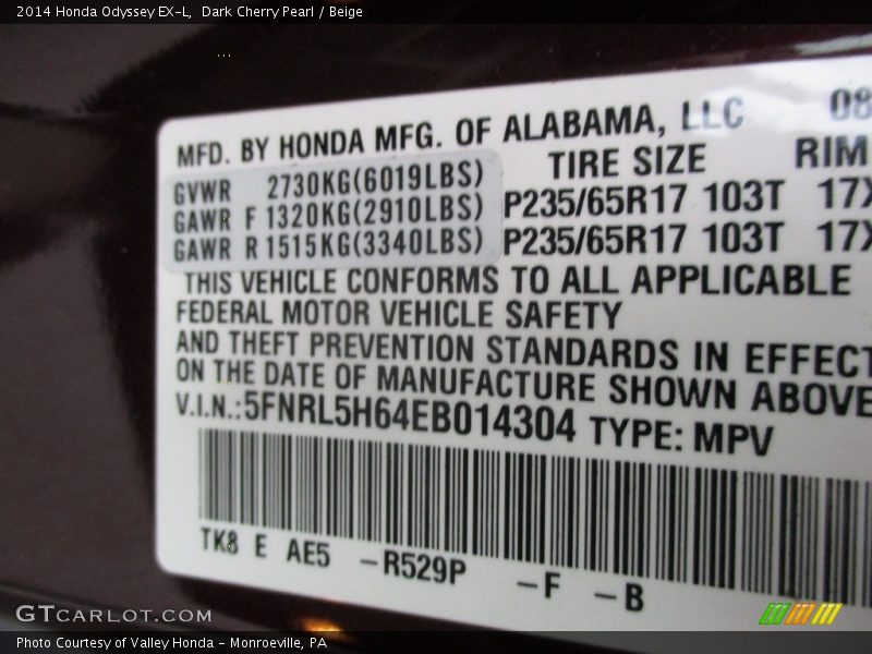 Dark Cherry Pearl / Beige 2014 Honda Odyssey EX-L
