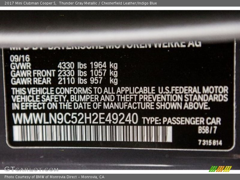 Thunder Gray Metallic / Chesterfield Leather/Indigo Blue 2017 Mini Clubman Cooper S