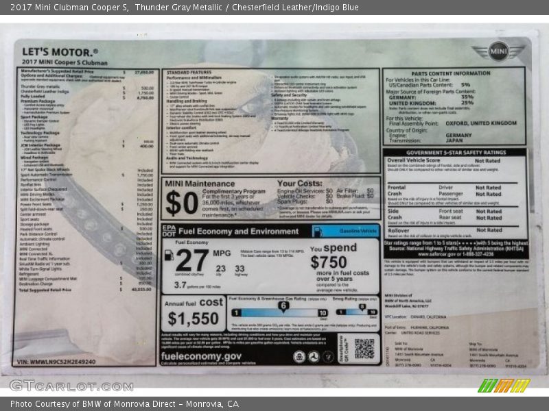 Thunder Gray Metallic / Chesterfield Leather/Indigo Blue 2017 Mini Clubman Cooper S