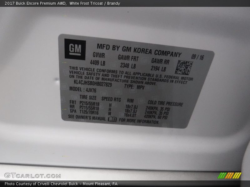 White Frost Tricoat / Brandy 2017 Buick Encore Premium AWD