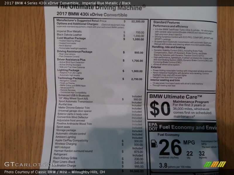  2017 4 Series 430i xDrive Convertible Window Sticker