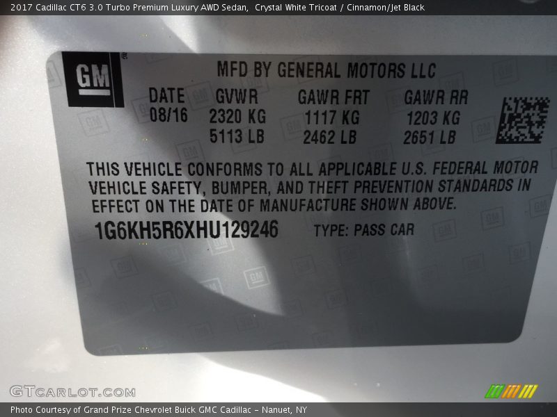Crystal White Tricoat / Cinnamon/Jet Black 2017 Cadillac CT6 3.0 Turbo Premium Luxury AWD Sedan