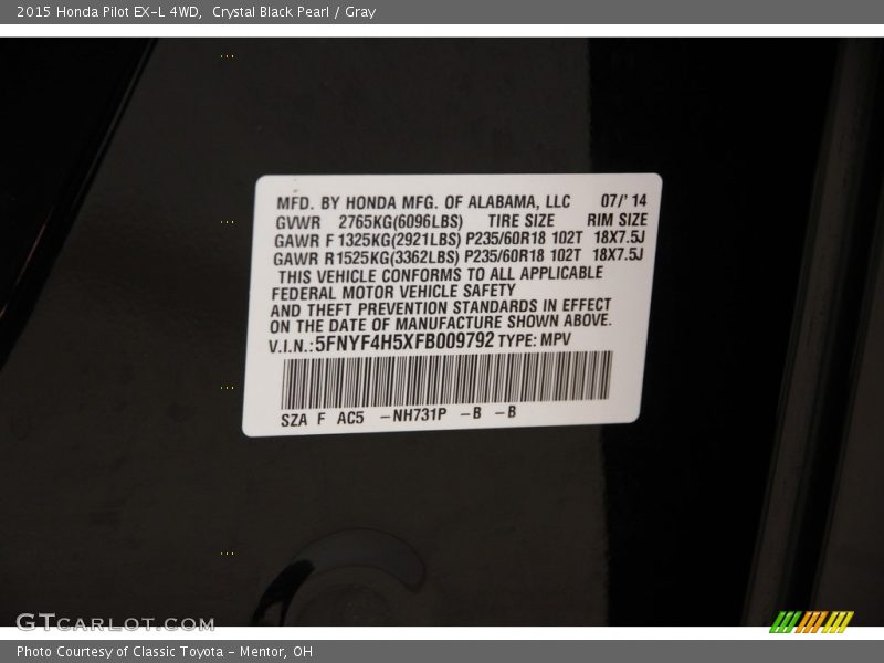 Crystal Black Pearl / Gray 2015 Honda Pilot EX-L 4WD